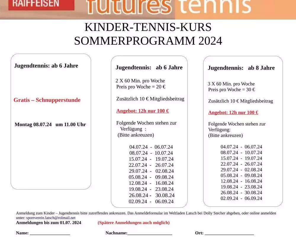 Tenniskurse Sommer 2024