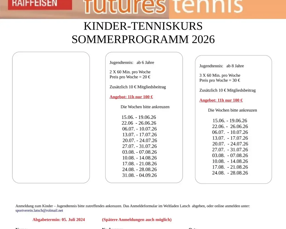 Tenniskurse Sommer 2026